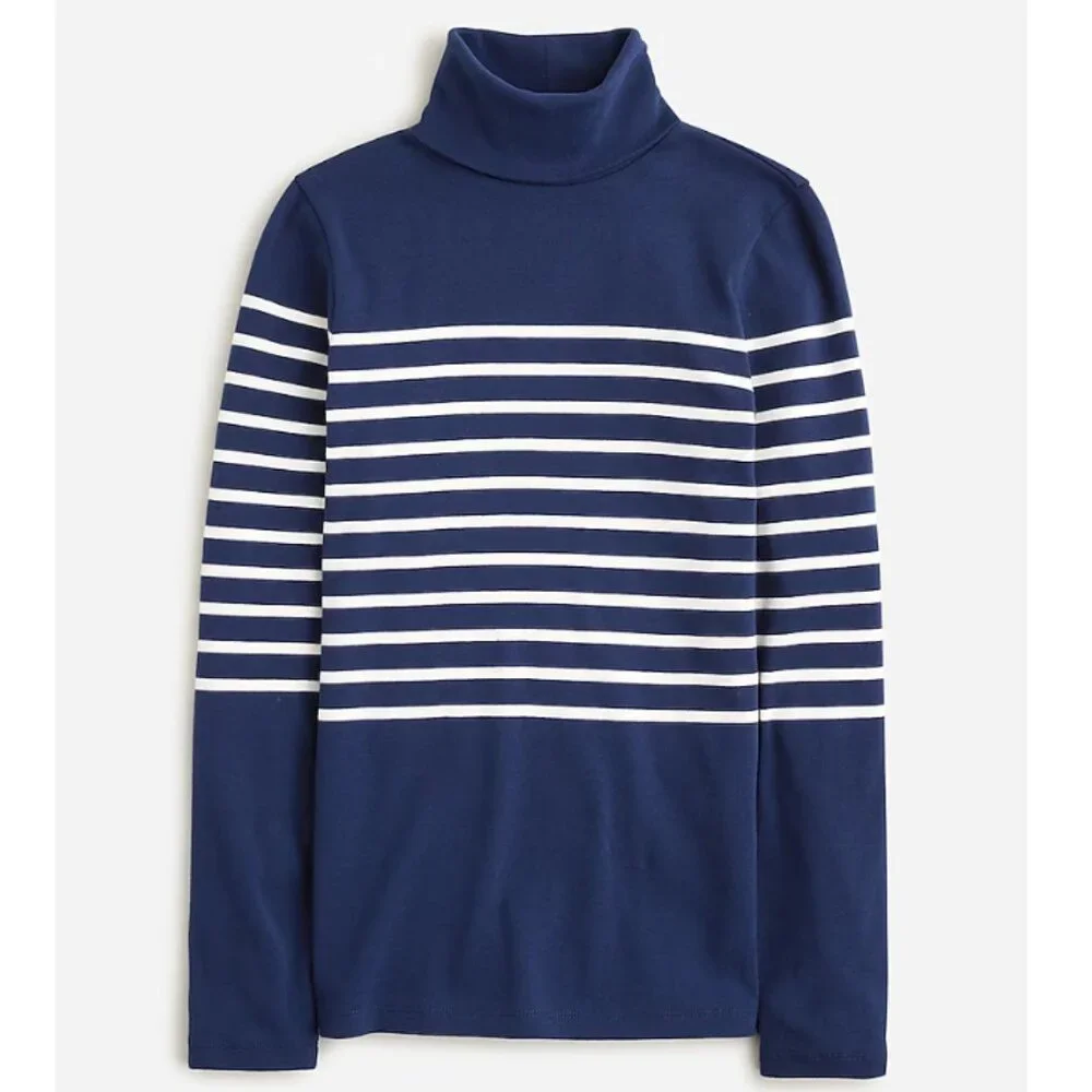 J Crew Perfect-Fit Turtleneck in Stripe, Long Sleeve Cotton Top - Womens Small